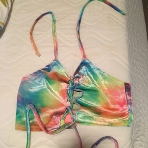 Rainbow velvet lace up top